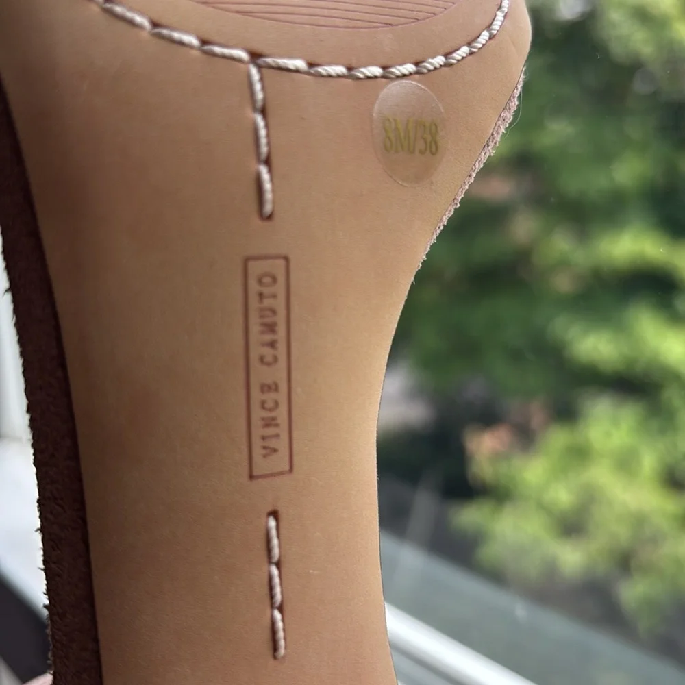 Vince Camuto Taupe Suede Fringe Beaded Open-Toe Heels
